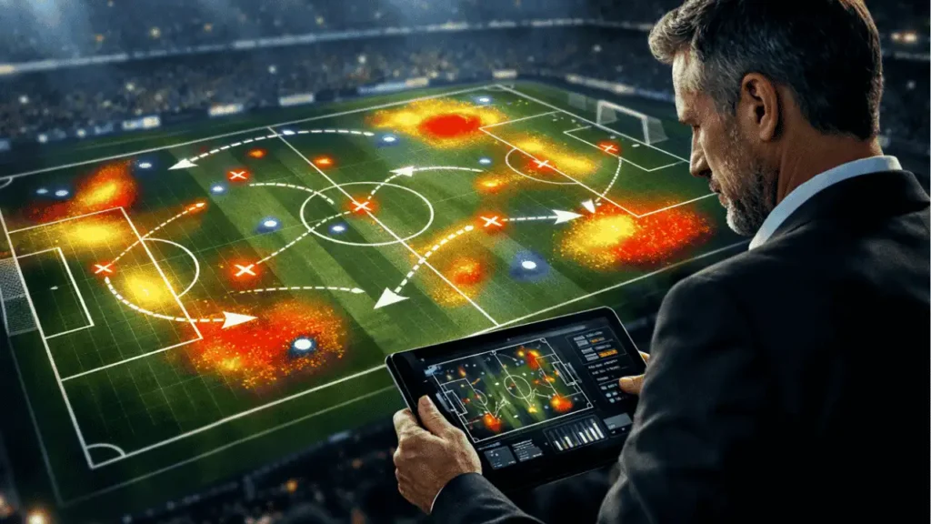 An over-the-shoulder shot of a man in a dark suit analyzing a football (soccer) match using advanced digital tools. He holds a tablet displaying a tactical interface, while a high-tech, augmented reality heat map is projected directly onto the stadium pitch in front of him. The projection features glowing orange and yellow heat zones, tactical arrows indicating player movement, and glowing icons marking player positions, illustrating the use of real-time data analytics and AI in modern sports coaching.